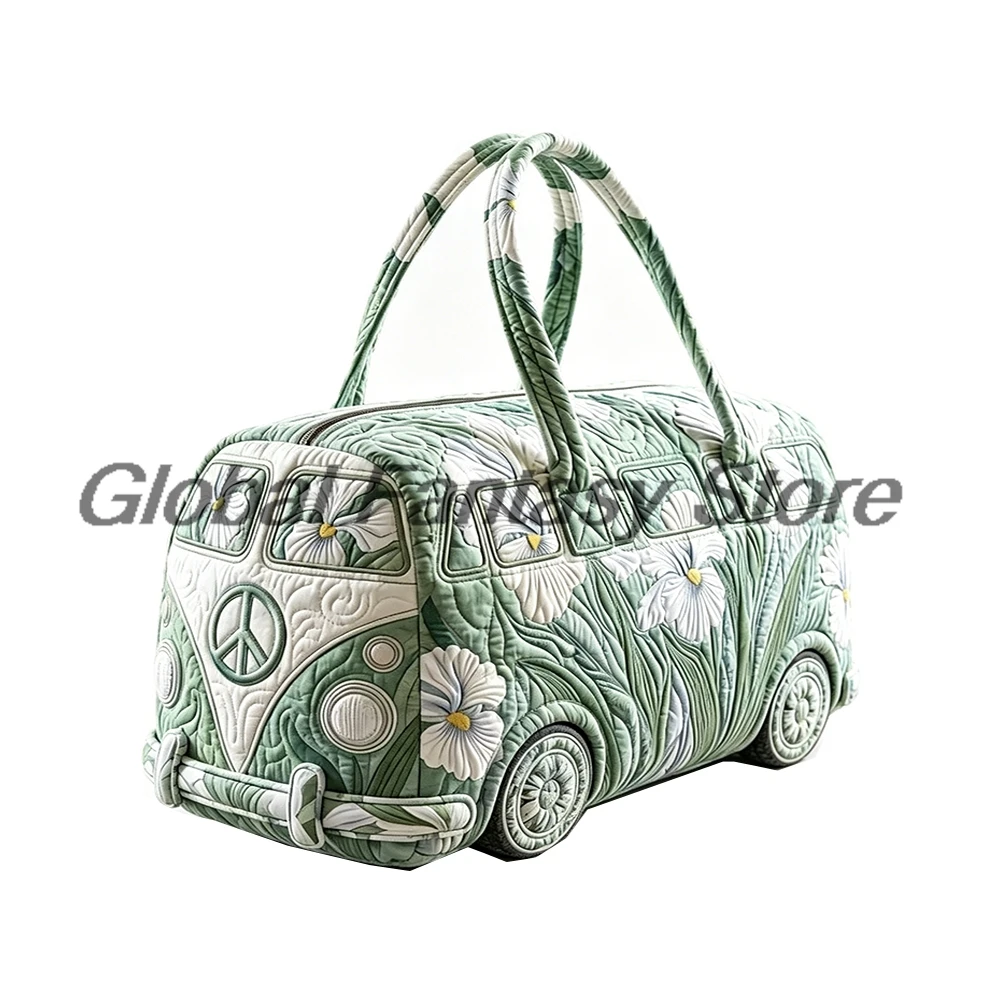 Iris Flower Van Quilted Duffle Bag Floral Peace Sign Travel Tote Handbag Women Men Outdoor Weekender Bag
