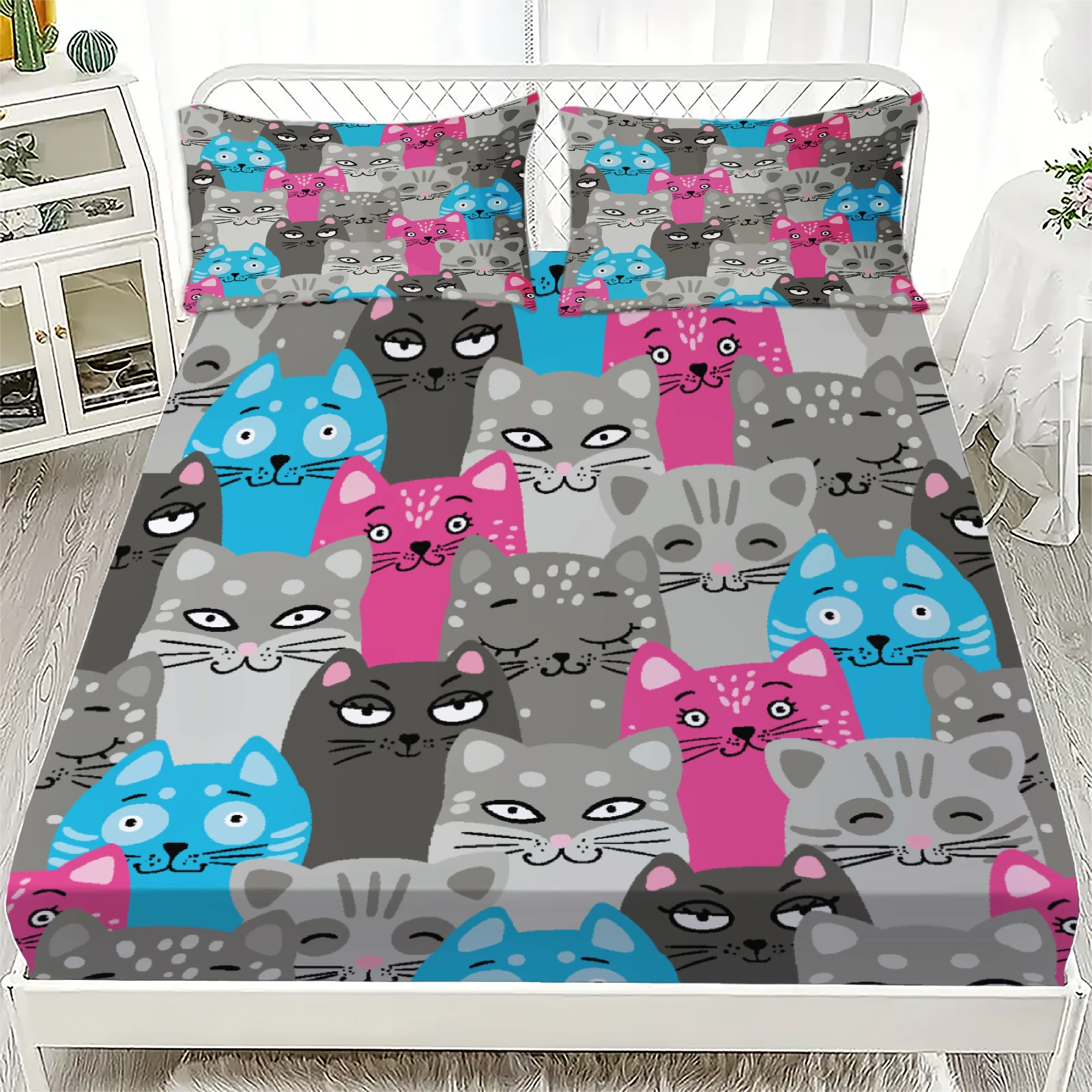 

3pcs Colorful Cats Fitted Sheet Cartoon Cat Pattern 3D Print Gifts For Students Girls 100% Polyester Flat Sheet With Pillowcases
