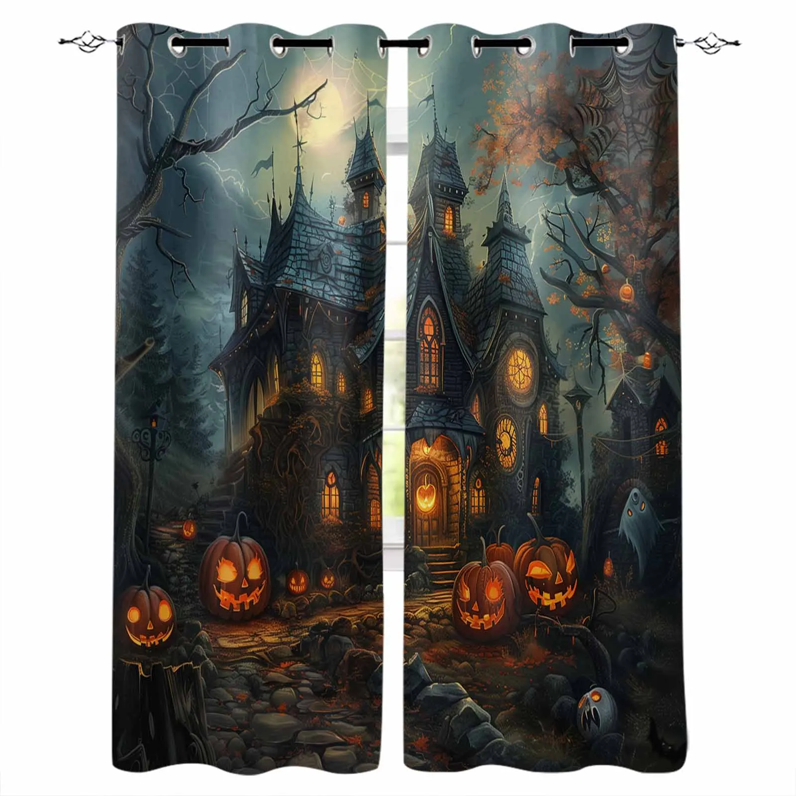 Halloween Castle Pumpkin Retro Bat Grove Blackout Curtains For Living Room Bedroom Window Treatment Blinds Drapes