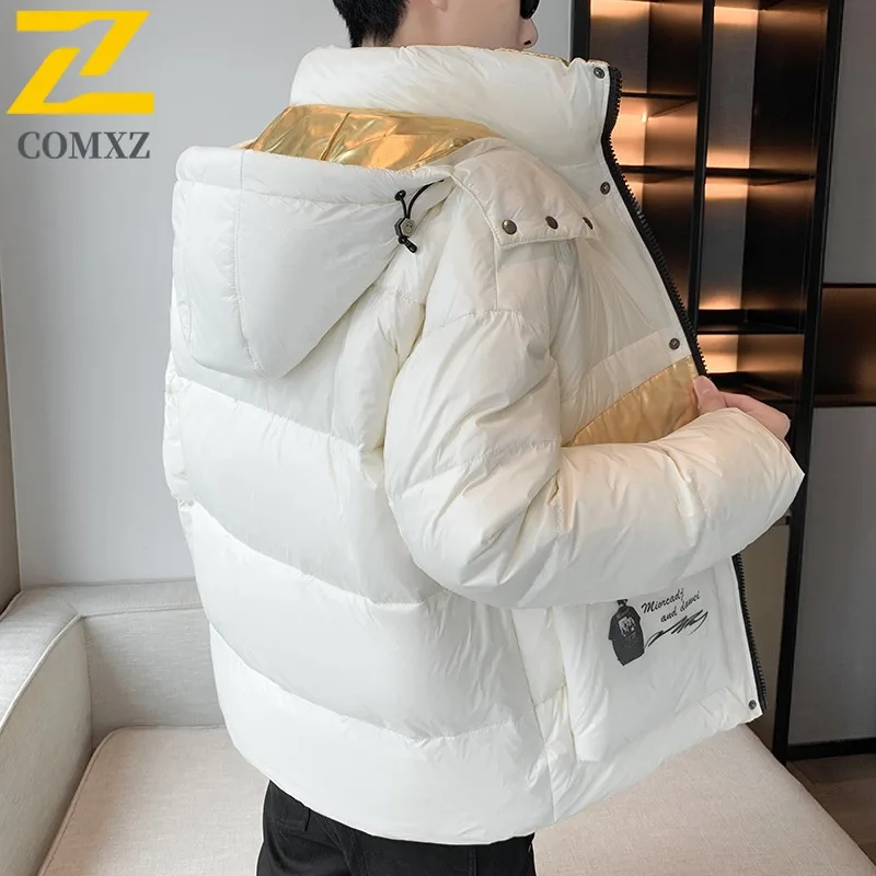 COMXZ Men Winter Jacket Korean Fashion Warm Fashion Lightweight Skiing Puffer Jacket Snowy Windproof Cold-Resistant Down Jacket