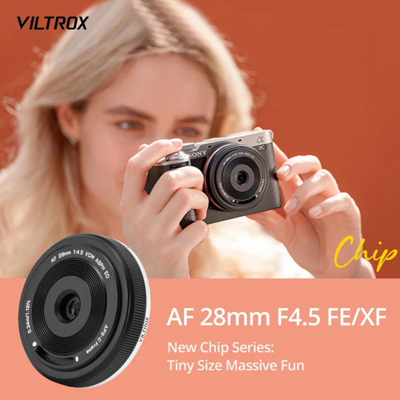 

Объектив VILTROX AF 28mm F4.5 с автофокусом, полнокадровый, ультратонкий, в ретро-стиле, для Sony E Mount A7C A6400 A6700 ZV-E10 A7M5, Fuji XF X-Mount