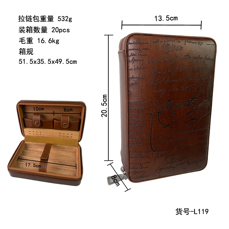 Carved version cigar box portable cigar case cedar wood moisturizing box two-layer leather storage box leather box