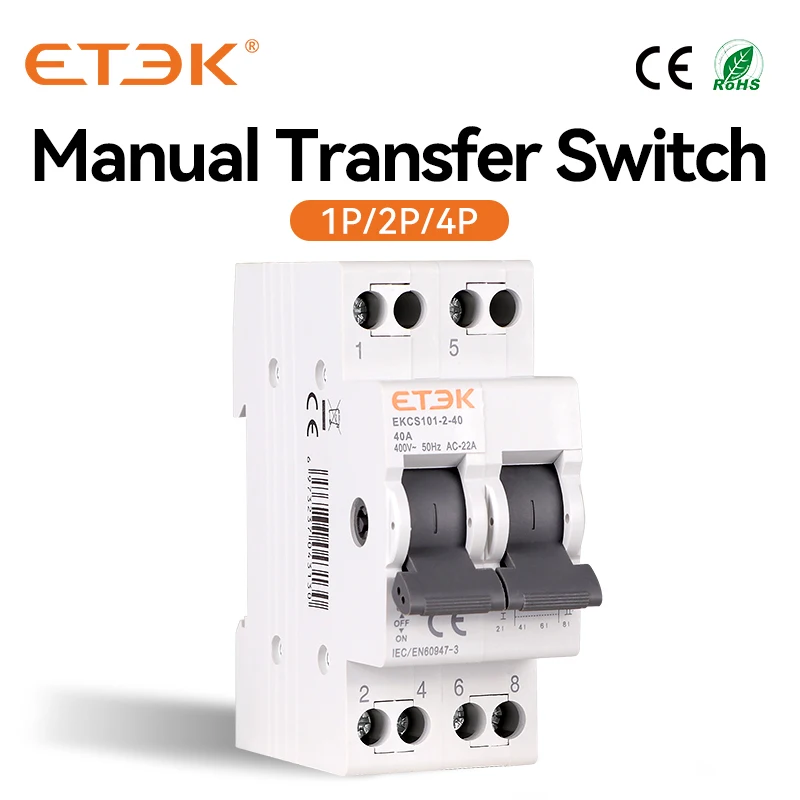 ETEK Din Rail MTS Dual Power Manual Transfer Switch Modular Changeover Switch Interlock Circuit Breaker1P 2P 4P 40A 230V EKCS101