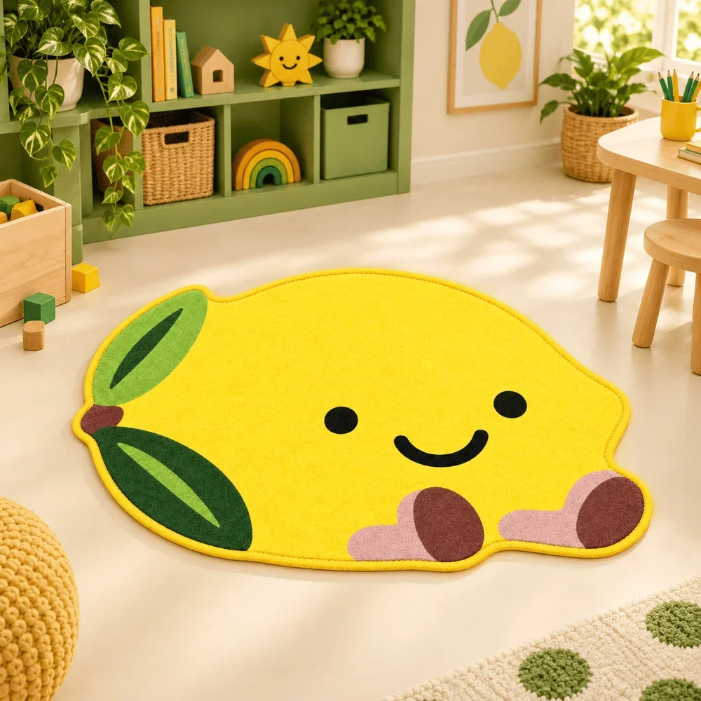 Cute Lemon Shaped Area Rug Soft Flannel Non Slip Floor Mat For Kitchen Kids Bedroom Nursery Playroom Home Decor Fruit Gift