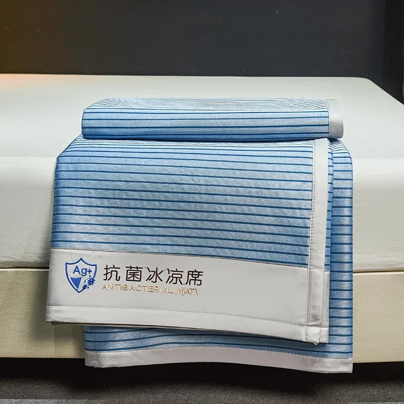 

1Pc High-Quality Ice Silky Cooling Mat Simple Antibacterial Striped Bed Cover with Elastic Band Naked Sleeping Skin-Friendly Pad