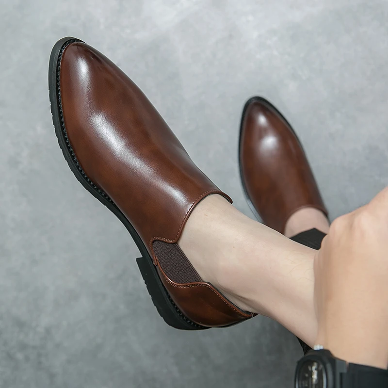 Men Fashion Le Fu Shoes Black Brown Pointed PU One Step Comfortable Business Brand Formal Shoes Italian Gentleman Social Shoes