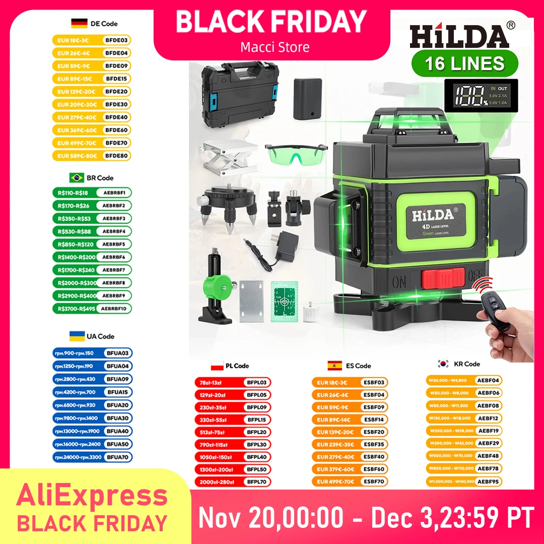 

HILDA Laser Level 4D green line Self Leveling 360 Horizontal And Vertical Super Powerful Laser level green Beam laser level