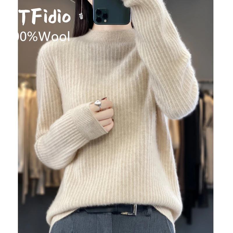 YTFidio 100% Wool Women Vertical stripes Half High Collar Solid Slim Tops Outerwears Knitted Pullover Office Lady Sweater 89