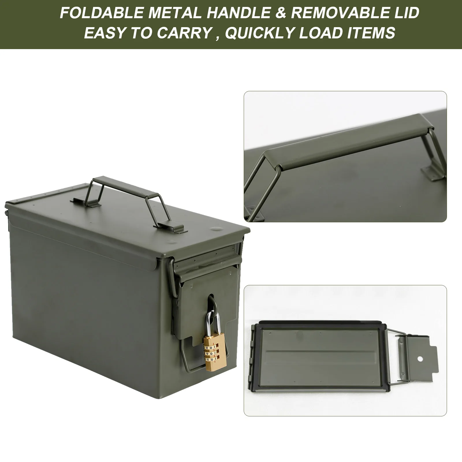 50 Cal Metal Ammo Can Steel Safety Ammo Box Battery Safe Box Long-Term Waterproof Ammunition Valuables Storage Hole Lockable Can