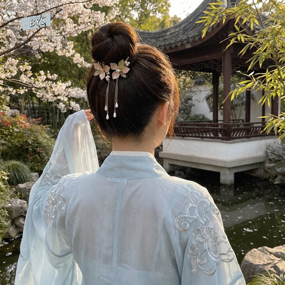 

Ancient-style Flowers Tassels Hair Claws Imitation Pearl Pink Peach Blossom Bun Hairpin Alloy Acrylic Round Bun Ponytail Holder