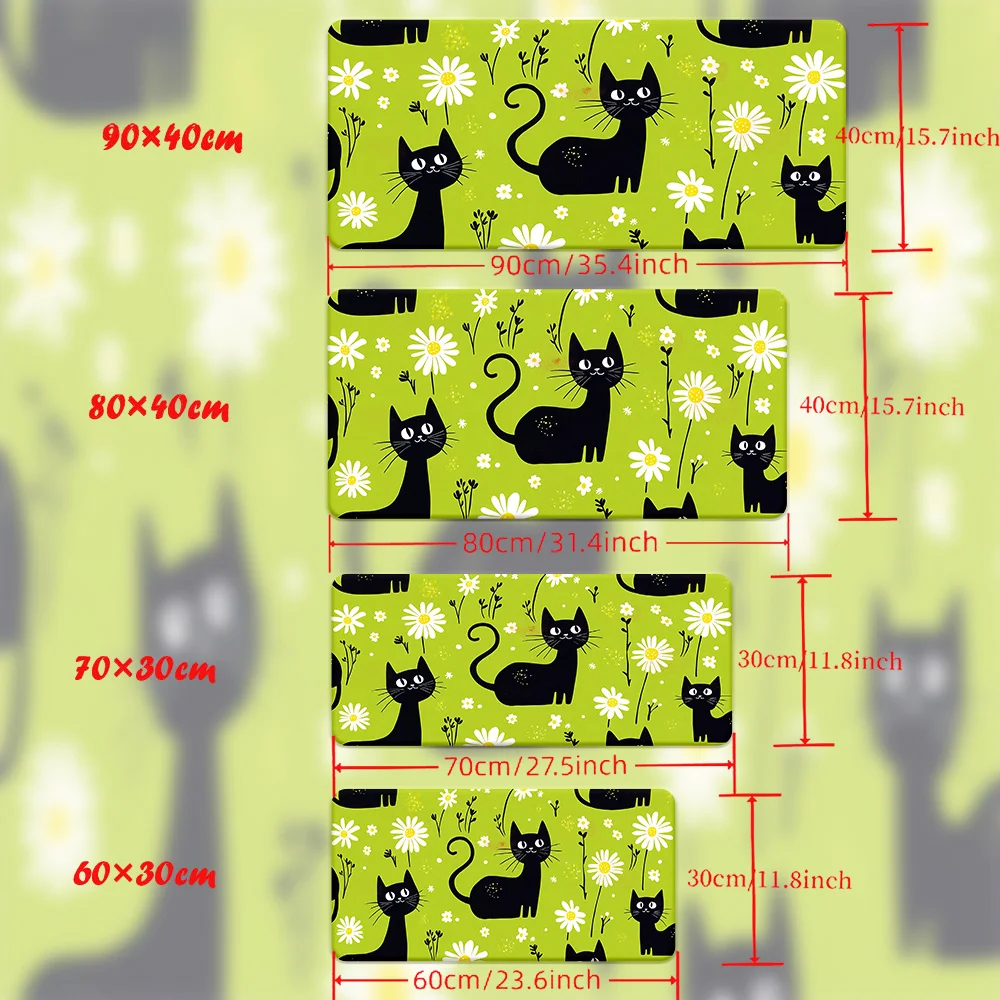 قطعة واحدة من لوحة ماوس XXL، مادة مطاطية غير قابلة للانزلاق، قطة كرتونية سوداء، زهرة خضراء، مطبوعة عالية الدقة، متعددة الوظائف، مع لوحة مفاتيح Gami