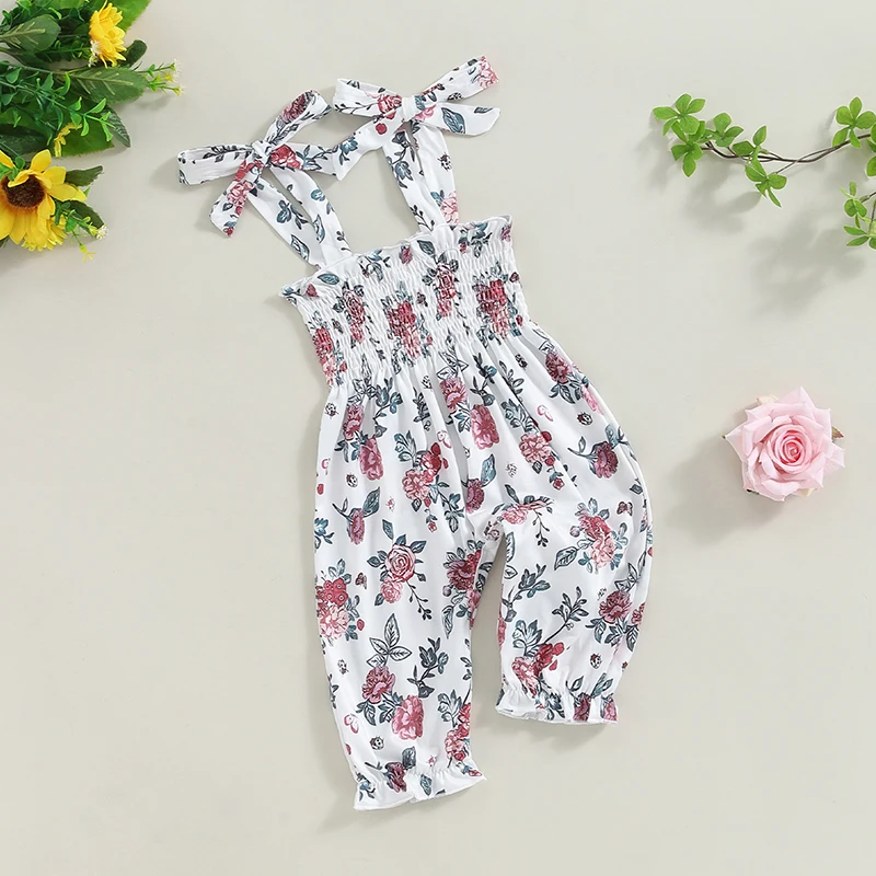 Suefunskry Baby Girl Summer Romper Overalls Casual Floral Print Tie Straps Sleeveless Jumpsuit Pants for Newborn Cute Clothes