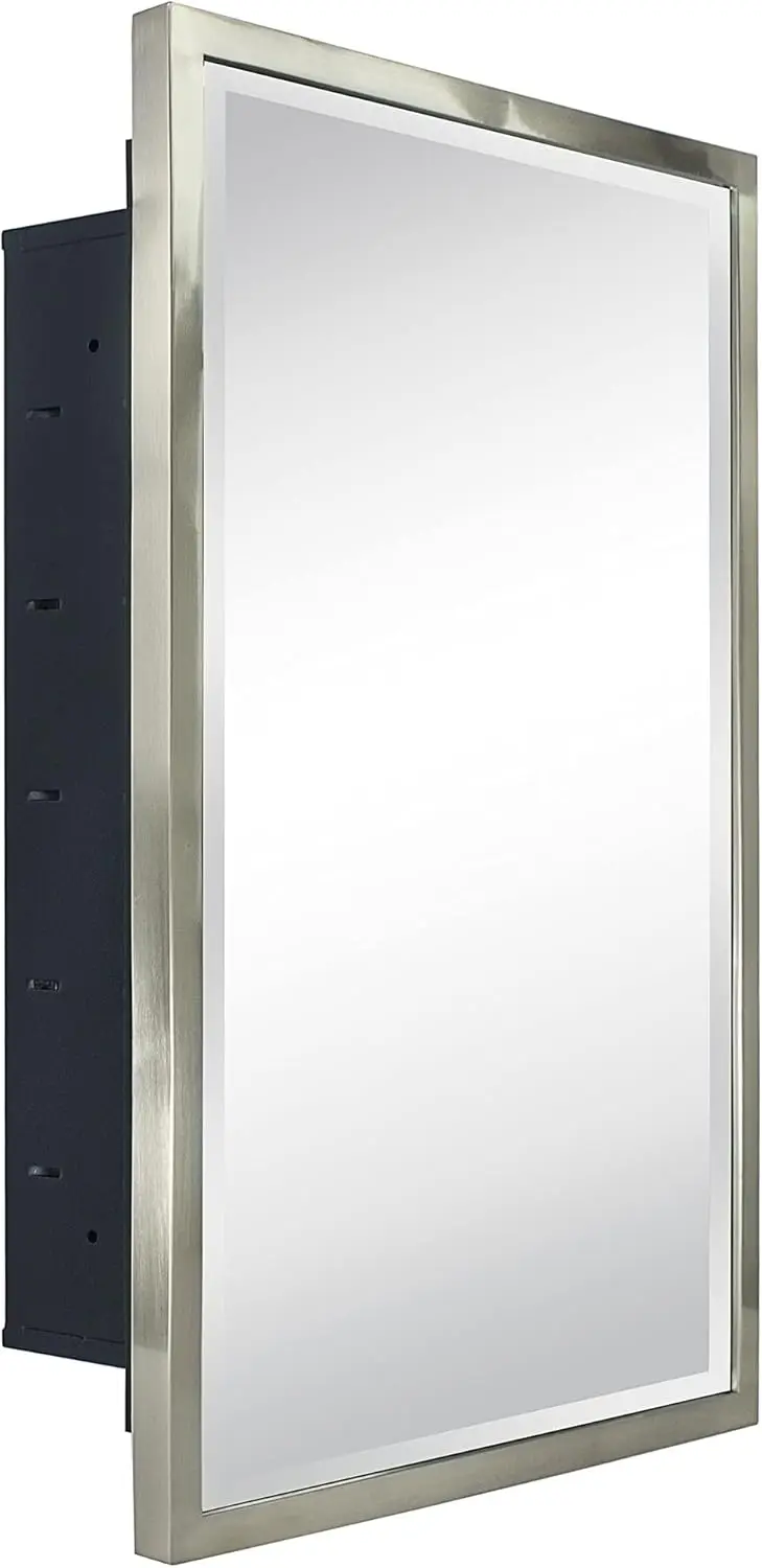 Brushed Nickel Metal Frame Recessed Bathroom Medicine Cabinet with Mirror, Rectangular Slanted Beveled Vanity Mirror