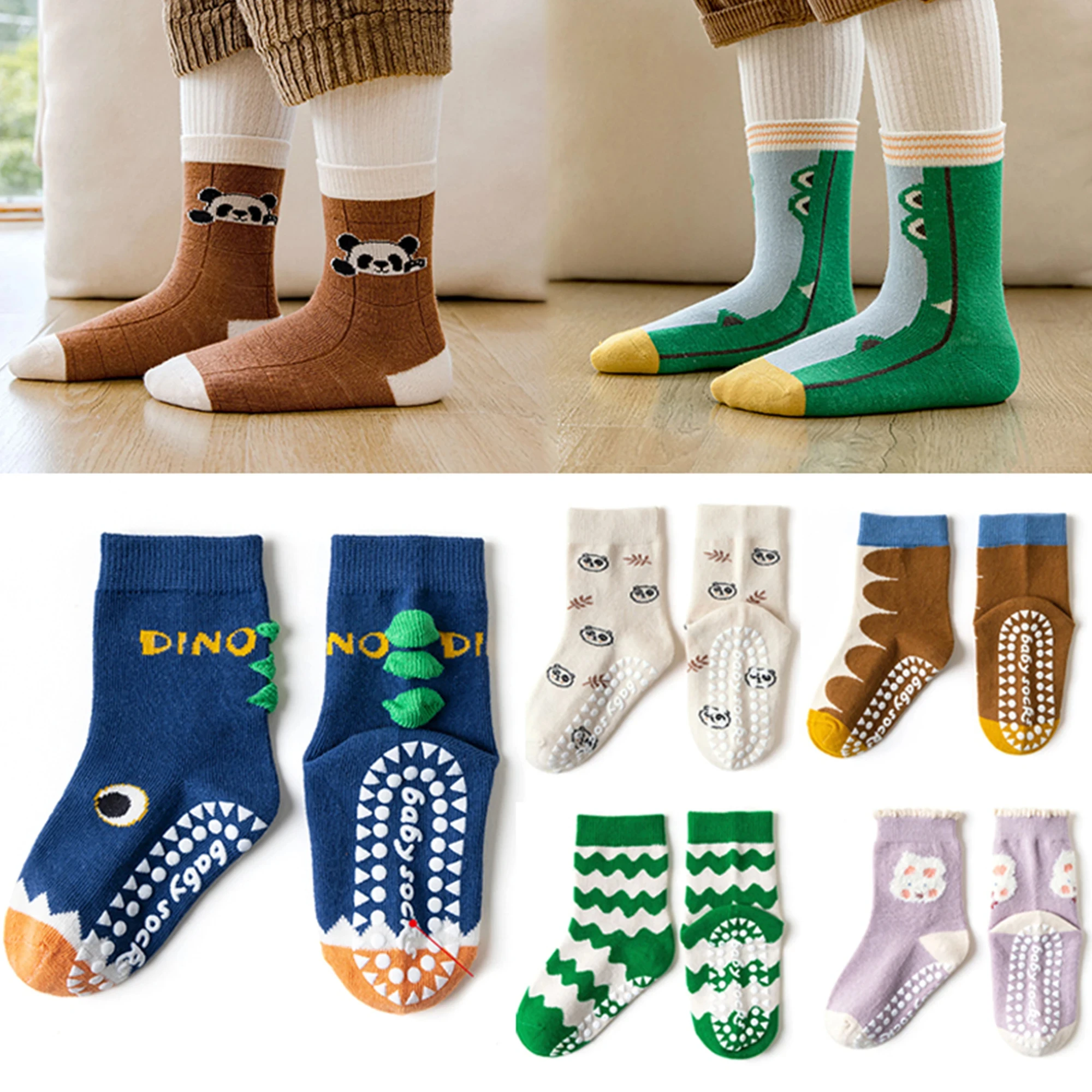 5 pares de calcetines de tubo medio para niños, calcetines de suelo con puntos adhesivos de primavera y otoño, calcetines antideslizantes para patio de juegos, calcetines de trampolín