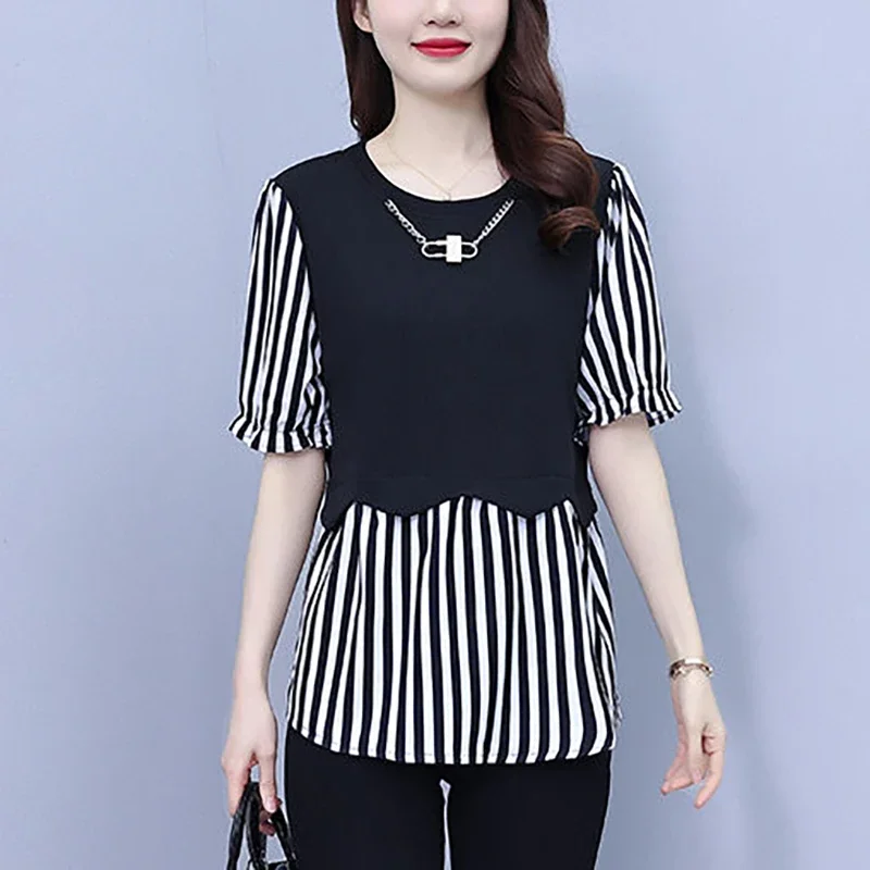 Fashion O-Neck Spliced Striped Fake Two Pieces Blouses Women's Clothing Summer New Loose Commuter Butterfly Sleeve Shirts L126