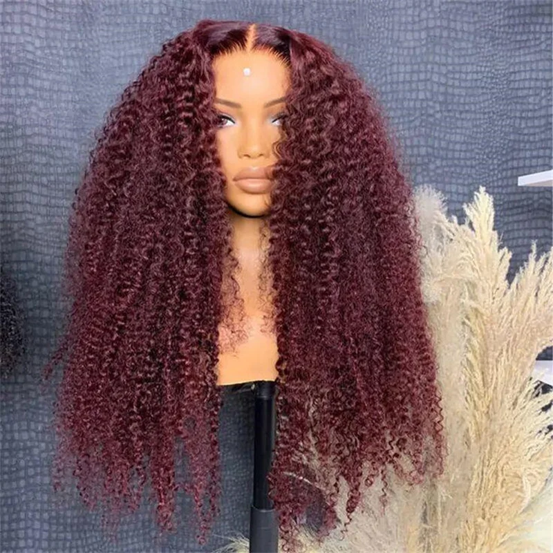 Long 26” 180%Density Wine Red Kinky Curly Lace Front Wig For Women With Baby Hair  Preplucked Soft Glueless Synthetic