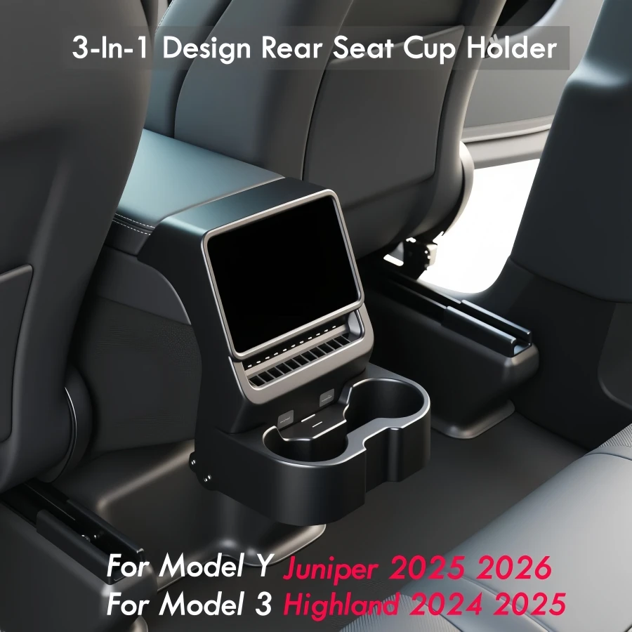 

3-In-1 Design Rear Seat Cup Holder Organizer For Tesla Model Y Juniper 2025+ & Model 3 Highland 2024+ Retractable and Foldable