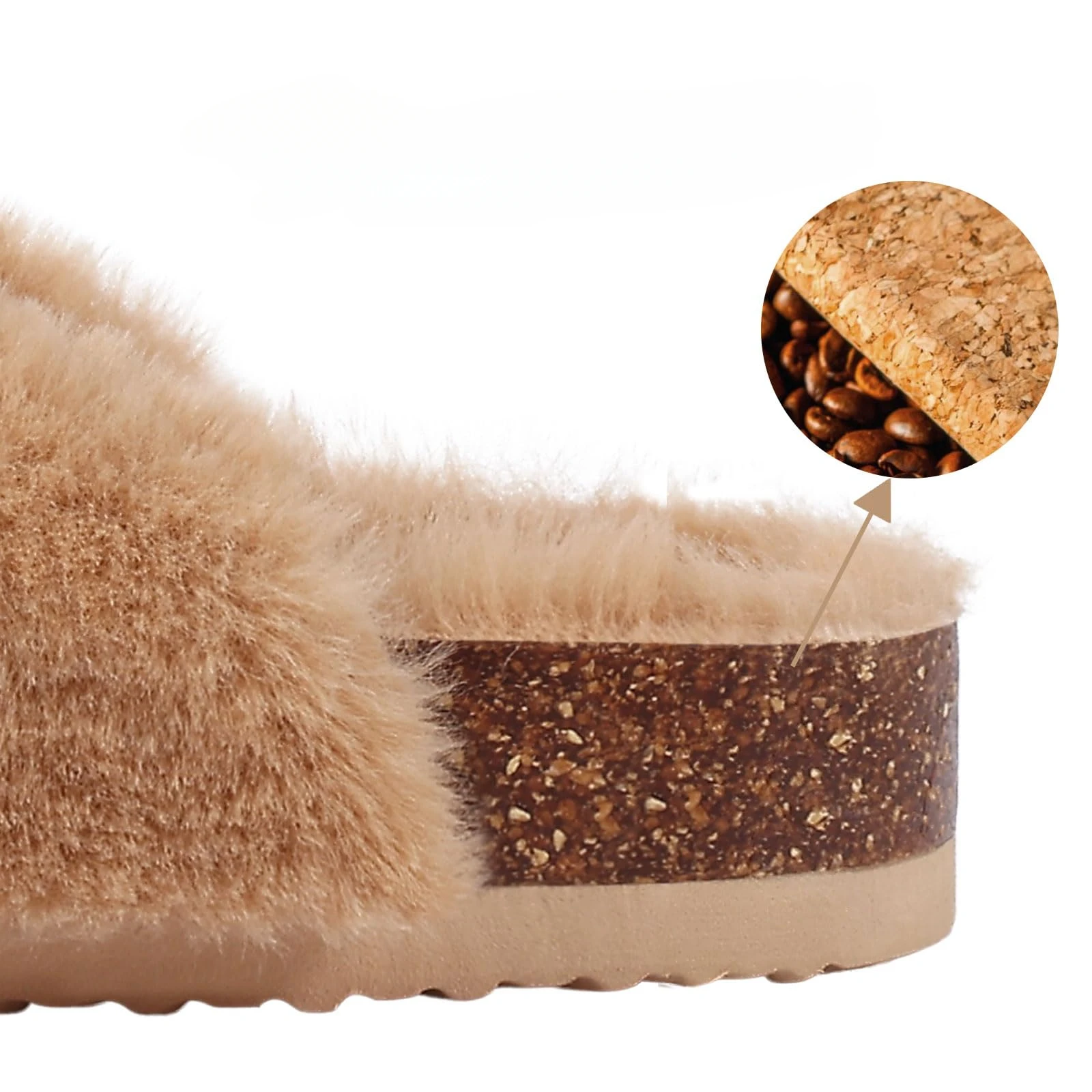 Furry Warm Cork Slippers Women Winter Fluffy Slides Sandals Soft Home Women Slippers With Arch Support Adjustable Buckle