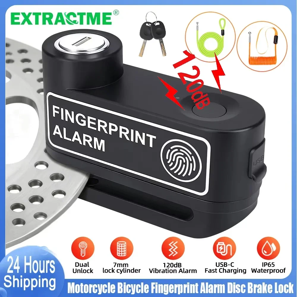 

Замок для дискового тормоза мотоцикла Extractme с функцией распознавания отпечатков пальцев, 120 дБ, с сигнализацией против кражи, для велосипедов и скутеров ﻿ Замок-накладка для колесного диска