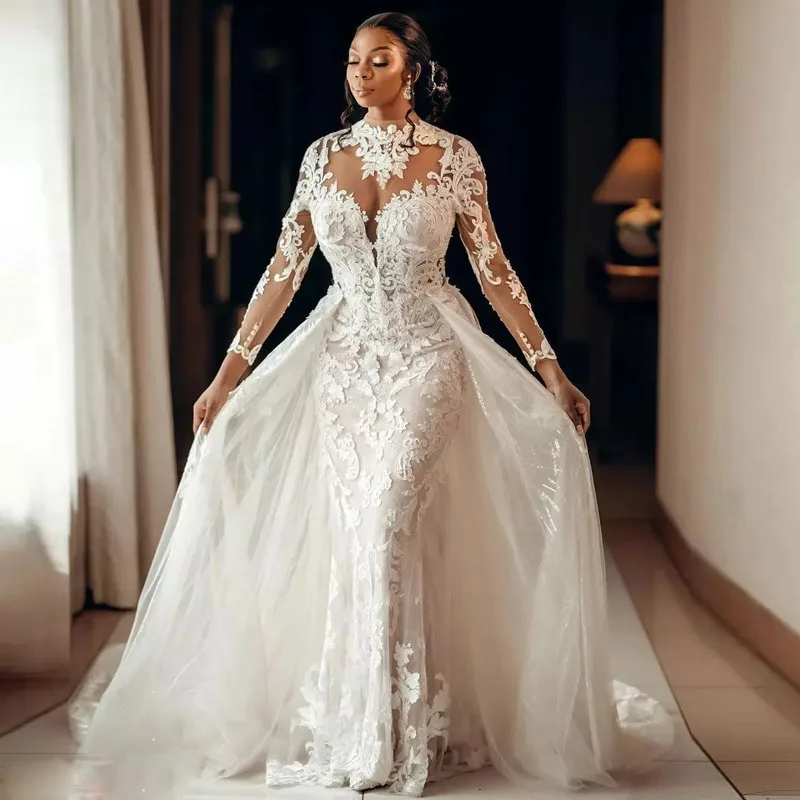 Charming High Neck See Through Applique African Wedding Dresses with Detachable Train   Full Sleeves  Robe Mariée Bridal Gowns