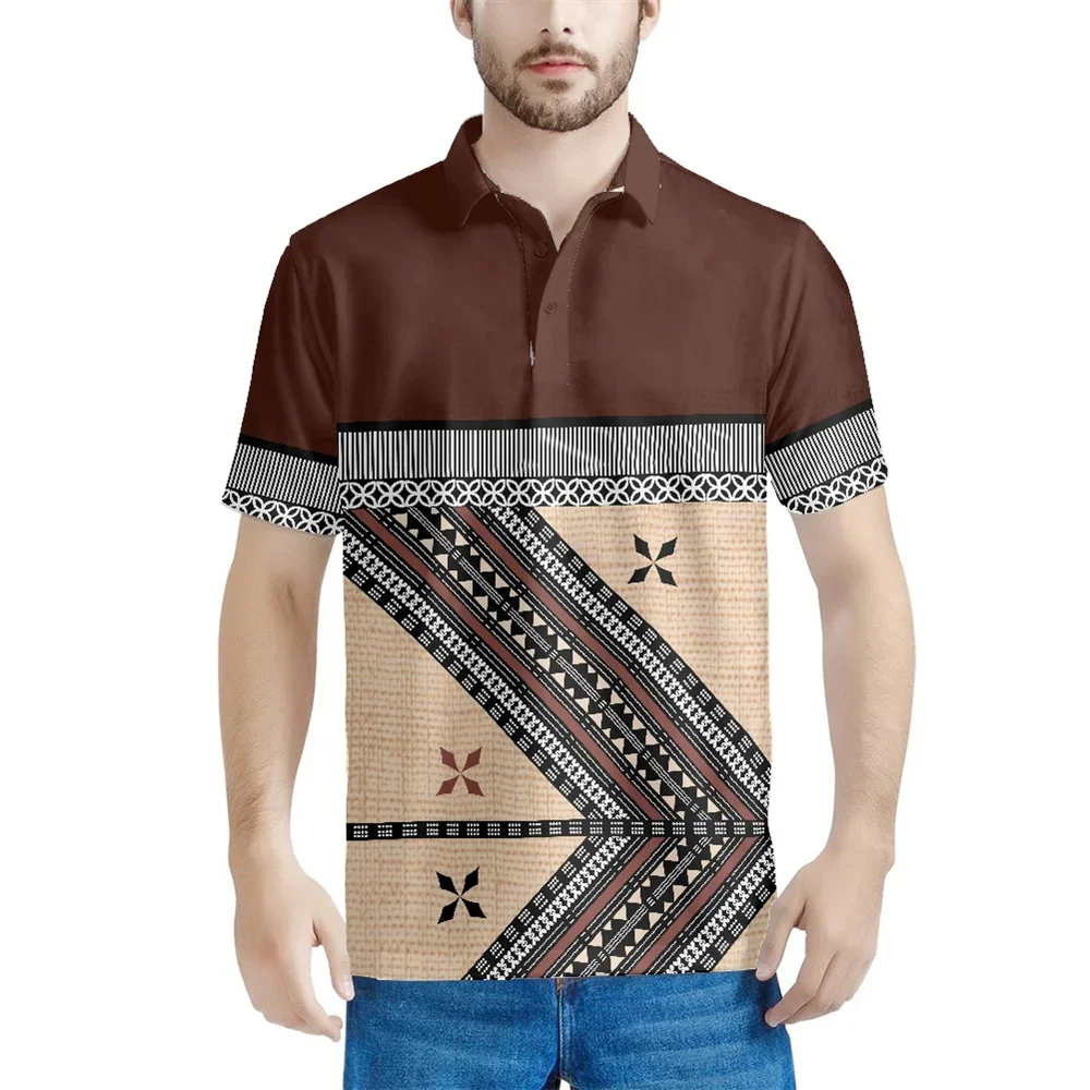 Summer Polo T Shirt For Men Polynesian Tribal Clothing Samoa Tonga Fijian Pattern Print Short Sleeves Button Golf Shirts 2023