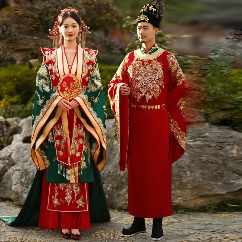 Ancient China Ming Dynasty Hanfu Couple Vintage Green Red Costume Toast Clothing Dragon and Phoenix Embroidery Wedding Dress