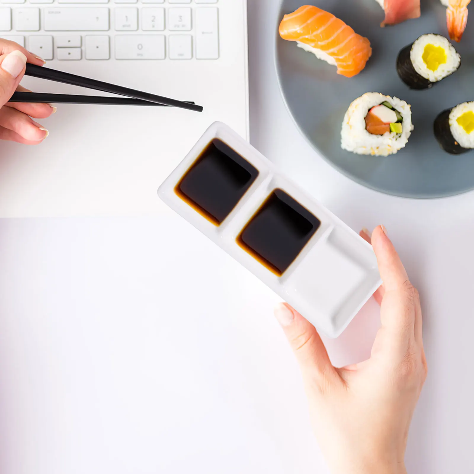 

Dish Rectangular Three-grid Disc White Serving Platters Dipping Trays Divider Ceramics Compartments