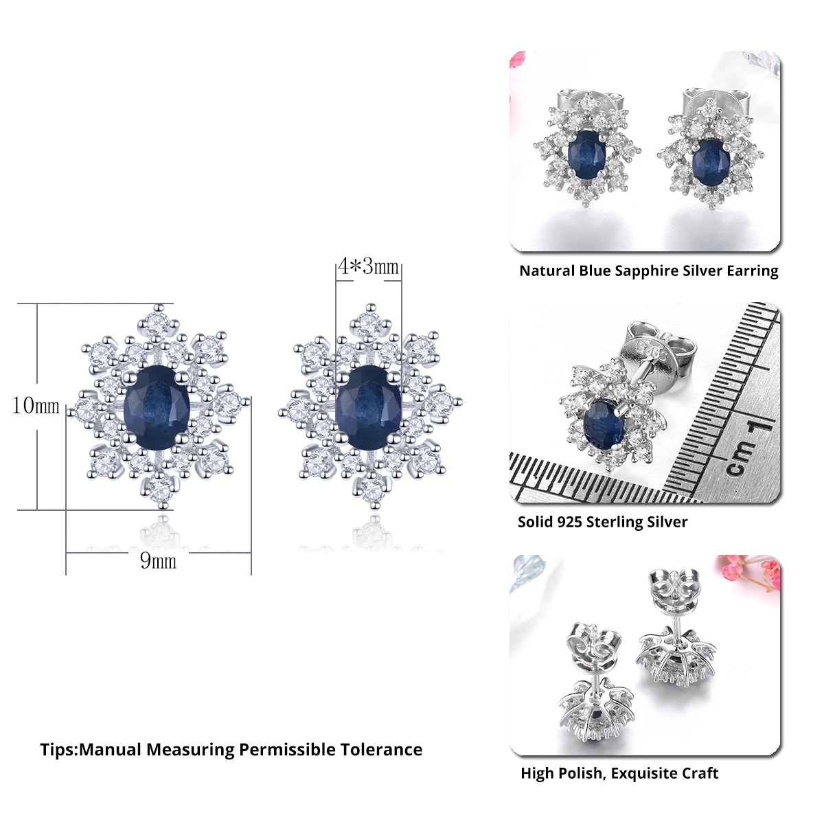 Natural Blue Sapphire S925 Sterling Silver Stud Earring 0.45 Carats Genuine Precious Gemstone Classic Fine Jewelry Design view 2