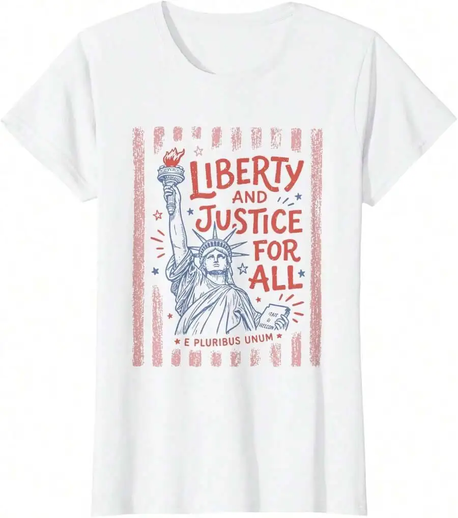 Retro Liberty And Justice For All 4Th Of July Human Rights T-Shirt 100% Cotton Trendy Y2K Short-Sleeve Tee-Soft, Quick-Drying,