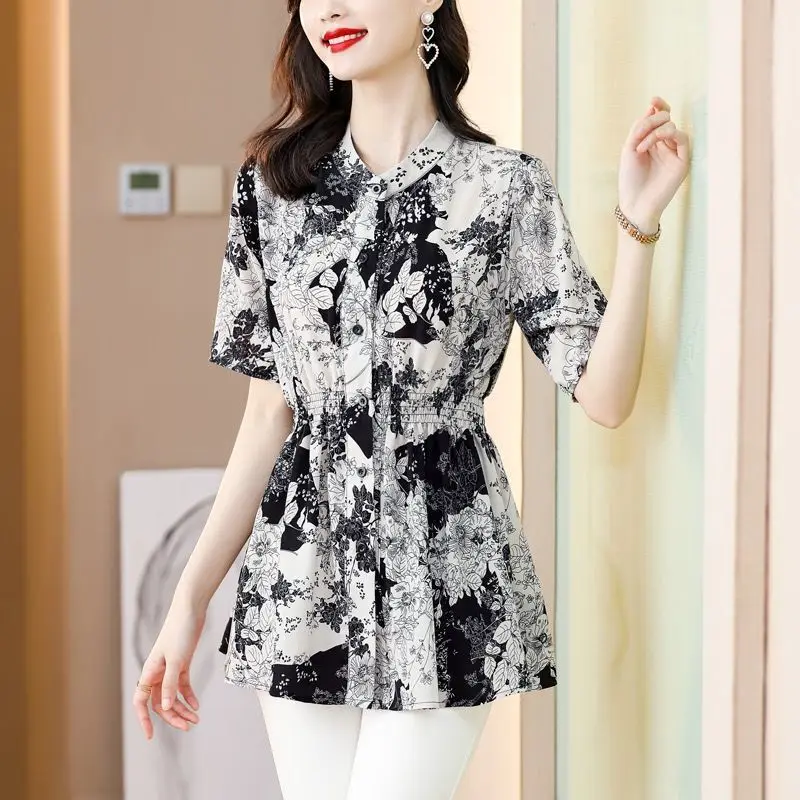 Fashion Commute Paisley Printed Midi Blouse Casual Single-breasted Stand Collar 2023 Summer Short Sleeve Korean Shirring Shirt