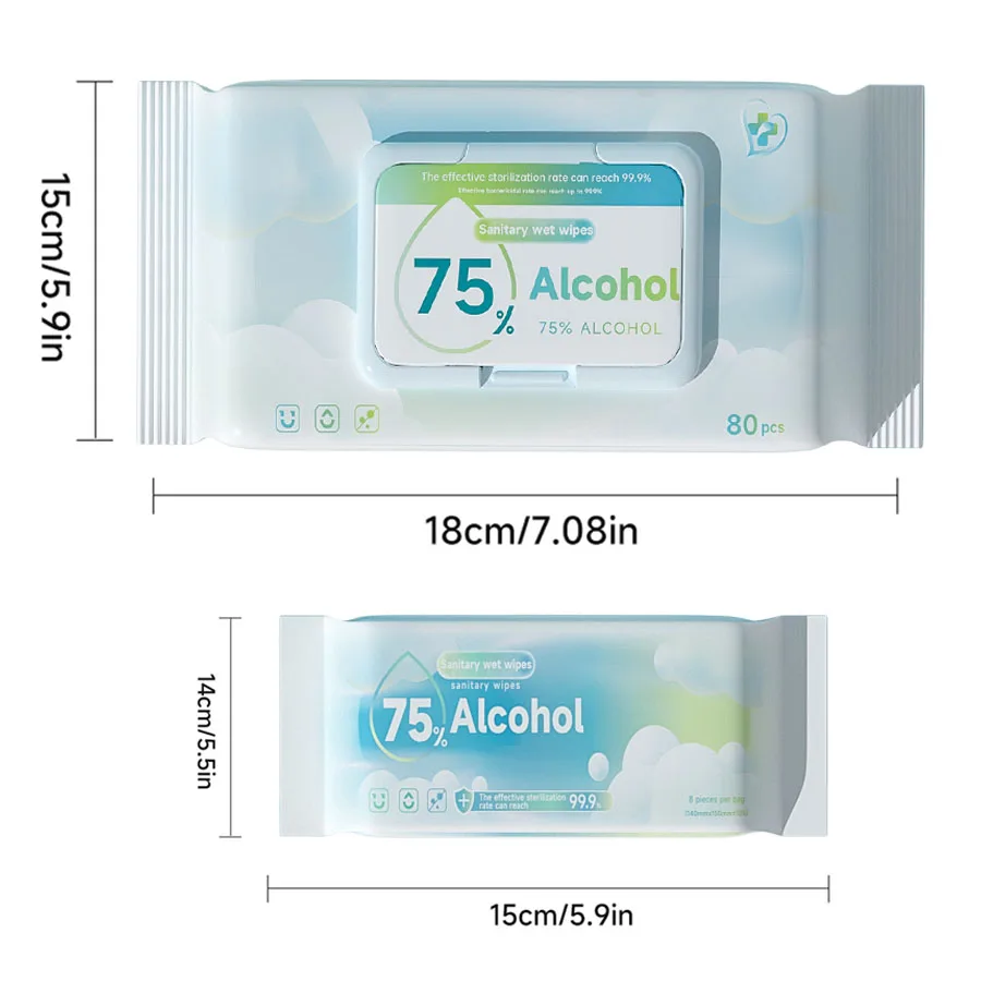 مناديل مطهرة محمولة مناديل مبللة للكحول الصحي بدون تبييض تنظيف طبي للمدرسة والمكتب والسفر في الهواء الطلق