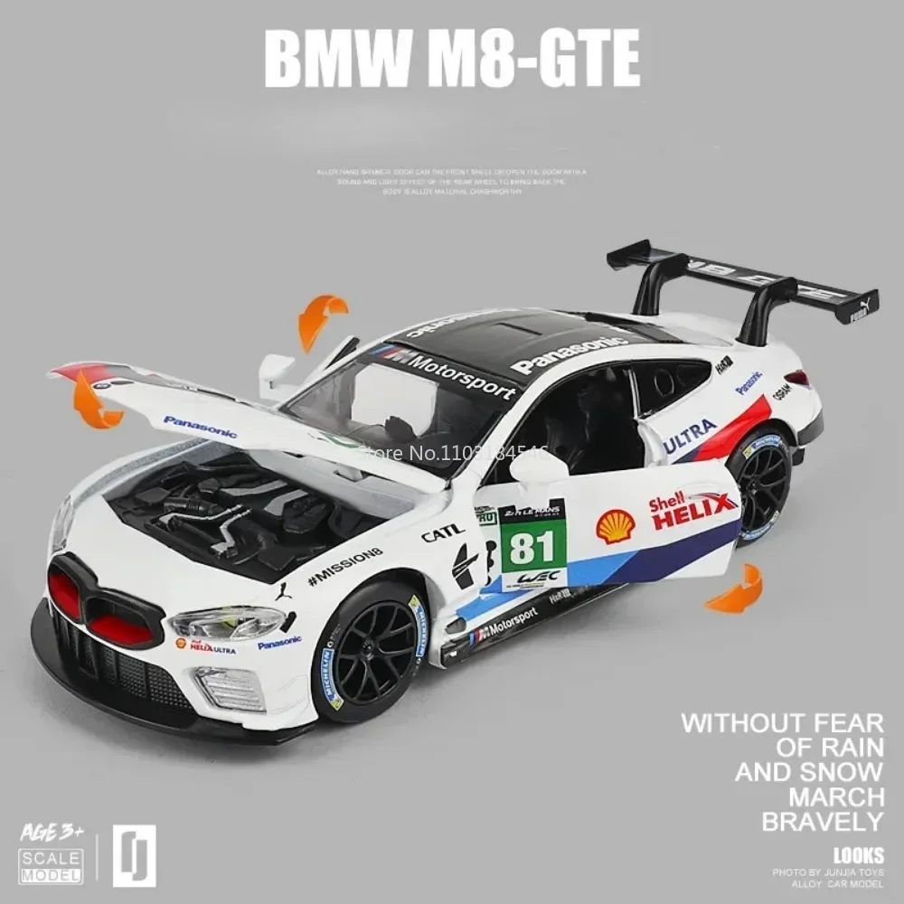 Scala 1:32 BMW M8 GTE Giocattoli Modello di auto da corsa Simulazione Suono e luce Pressofuso in metallo 3 porte aperte Tirare indietro Veicolo per