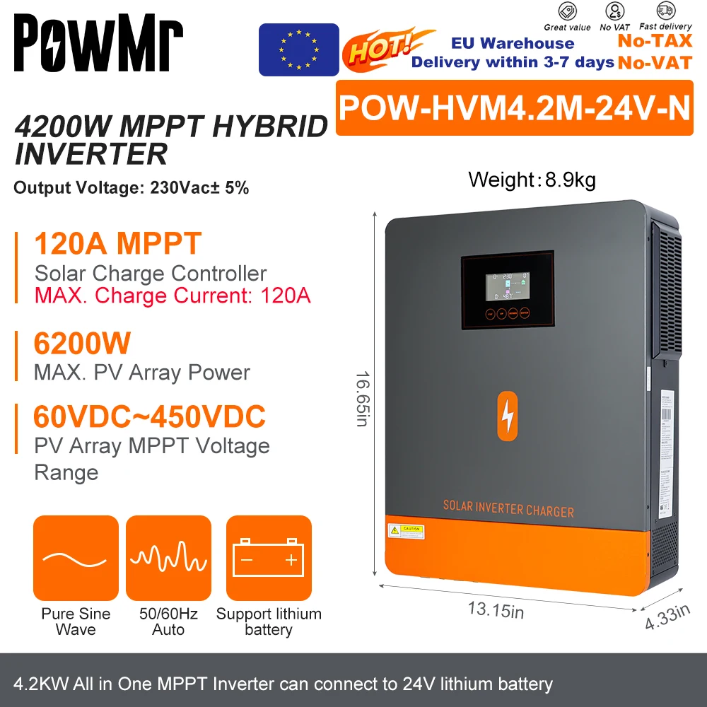 PowMr EU 4.2KW Hybrid Solar Inverters 24V 220V Pure Sine Wave With 120A Solar Charge Controller PV 60~500VDC Input Support WIFI