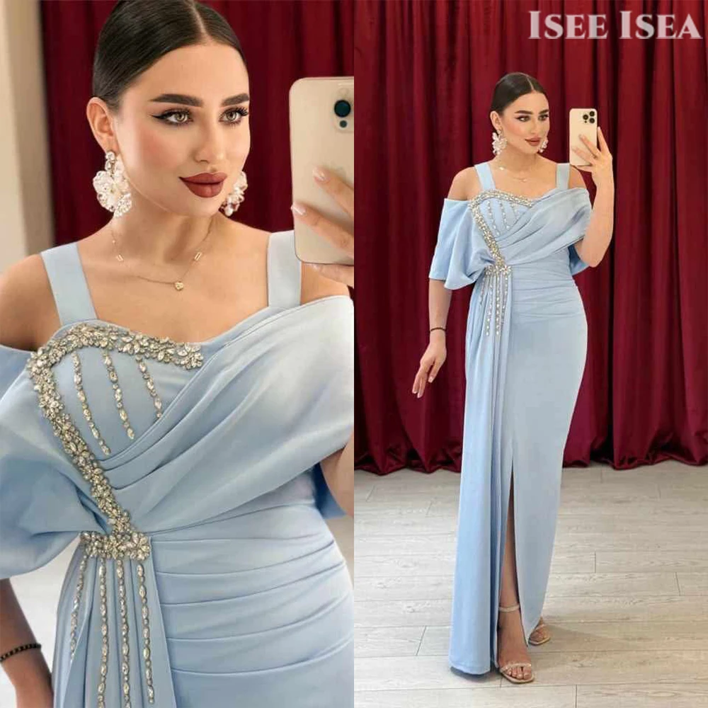 Light Blue Evening Dresses Woman Satin Simple High Spilt Prom Gowns إيلي صعب Wedding Guest Dress Customized Plus Size