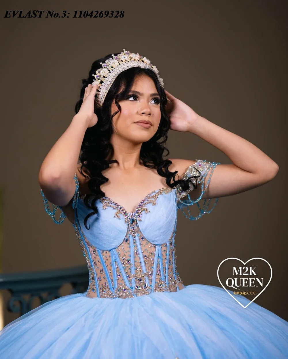 EVLAST-Robe de RhQuinceanera bleue mexicaine personnalisée, appliques en dentelle dorée, corset perlé, Sweet 16, E3Q223