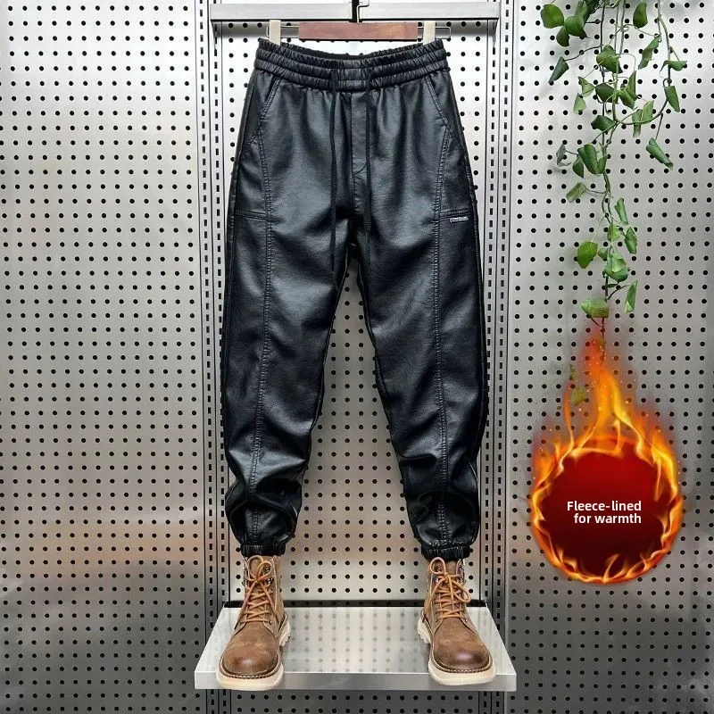 

High-End Men's Leather Pants Fce Lined Thiened Waterproof Windproof Warm Slim Fit Casual Trousers Busin Gentleman Sle