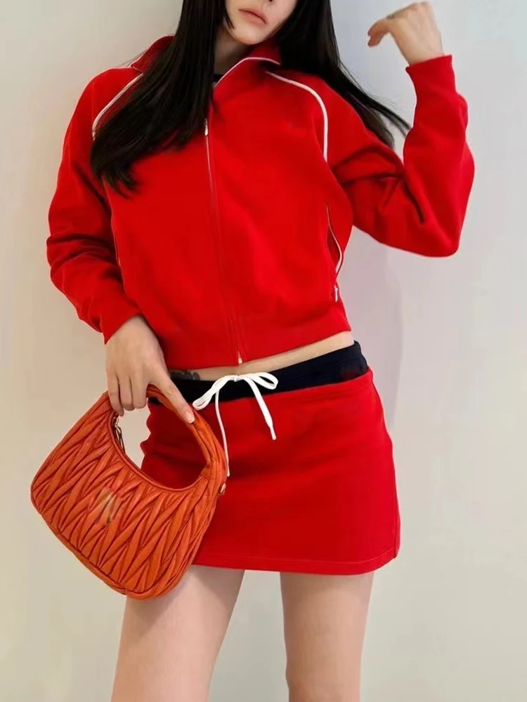 Designer retro color matching zipper cardigan jacket two-piece 2024 fall women\'s new + lace-up skirt fashion sportswear