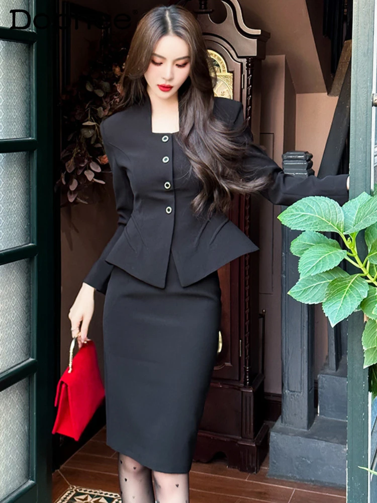 

Commuter Suit for Women Female Blazer Sets with Skirt Autumn Hepburn Style Single Breasted Slim Fit Blazer and High Waist Skirt