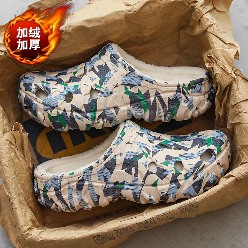 الرجال الشتاء داخلي قباقيب نِعال من الفراء أفخم نصف الأحذية الانزلاق على الصنادل الحديقة الدافئة عارية الذراعين المنزل أحذية قطنية الدفء