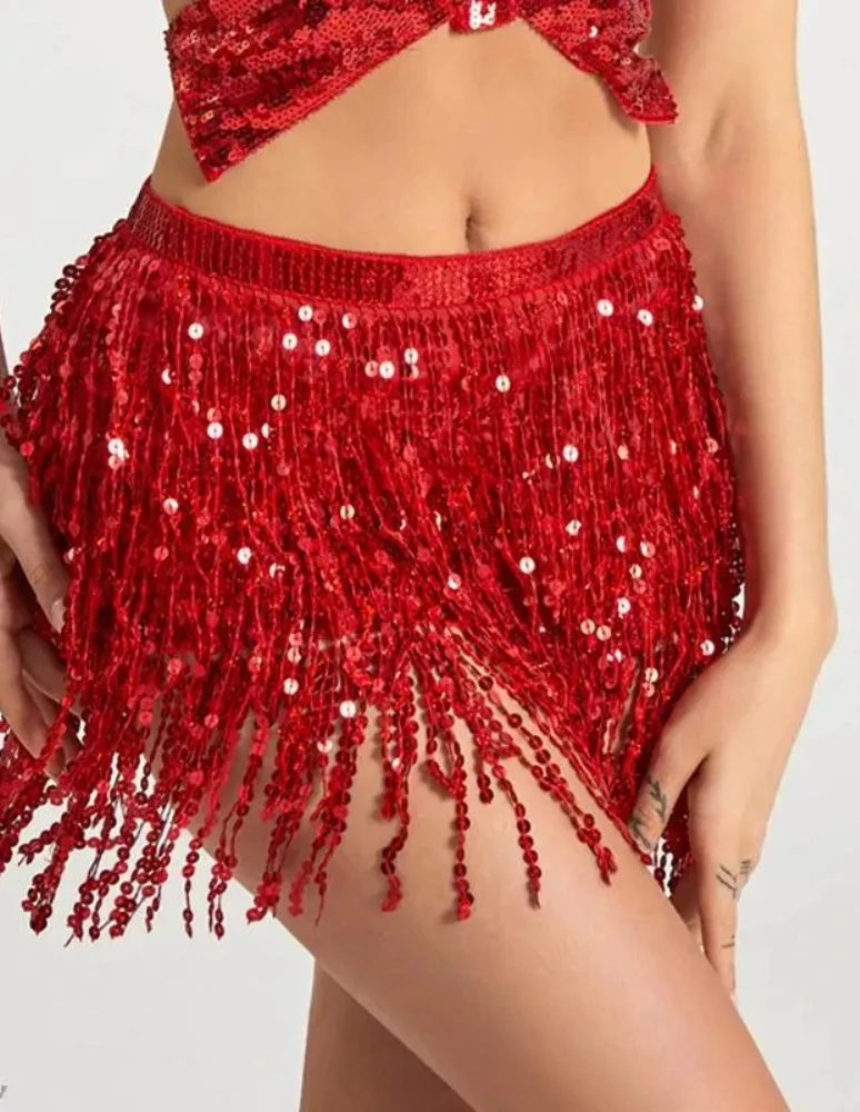 Damen Pailletten-Quasten-Bauchtanzrock Glänzende Perlen Taillenkette Saumrock Bohemian Taillenrock Gürtel – Detail 14