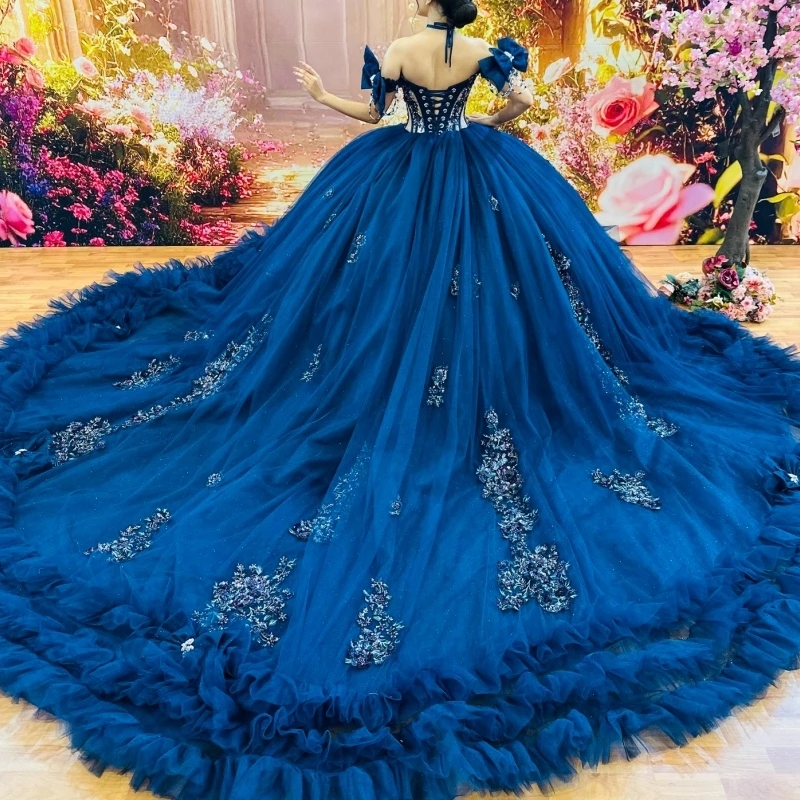 الأزرق الداكن لامعة الكرة ثوب فساتين Quinceanera قبالة الكتف زين الدانتيل الخرز المتدرج تول حفلة عيد ميلاد الحلو 16 فستان