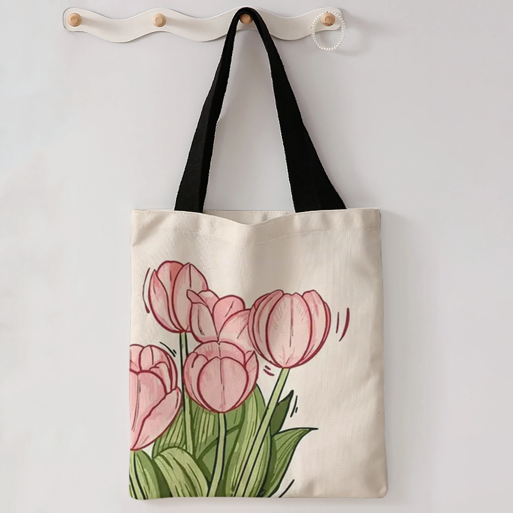 Hand Drawn Pink Tulip Floral Print Tote Bag Large Capacity Shoulder Bag For Shopping Travel Daily Use