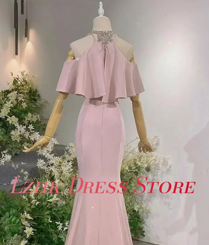 تخصيص رشيقة الساتان حورية البحر كريستال الكشكشة مساء اللباس جودة عالية قصيرة الأكمام طاقم الرقبة الطابق طول فساتين السهرة