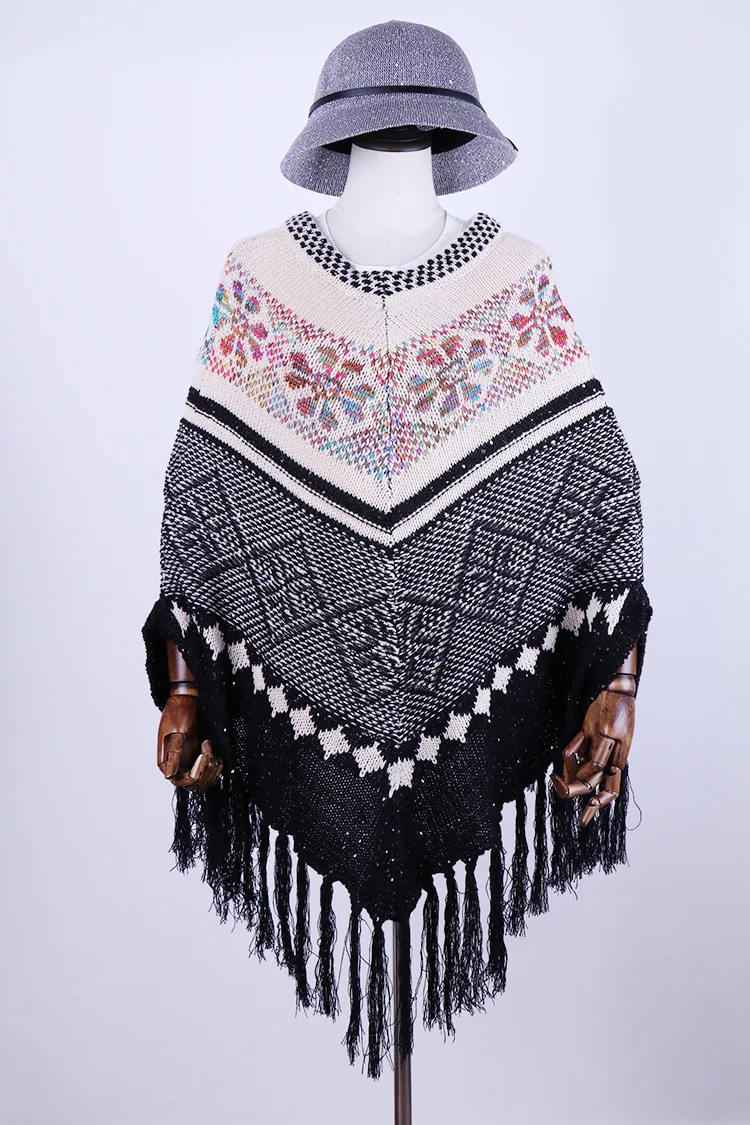 New Women's Poncho Soft Fine Imitation Pullovers Knitted Printing Tops Tassel Cardigan Cape Ethnic Style Shawl Coat T214