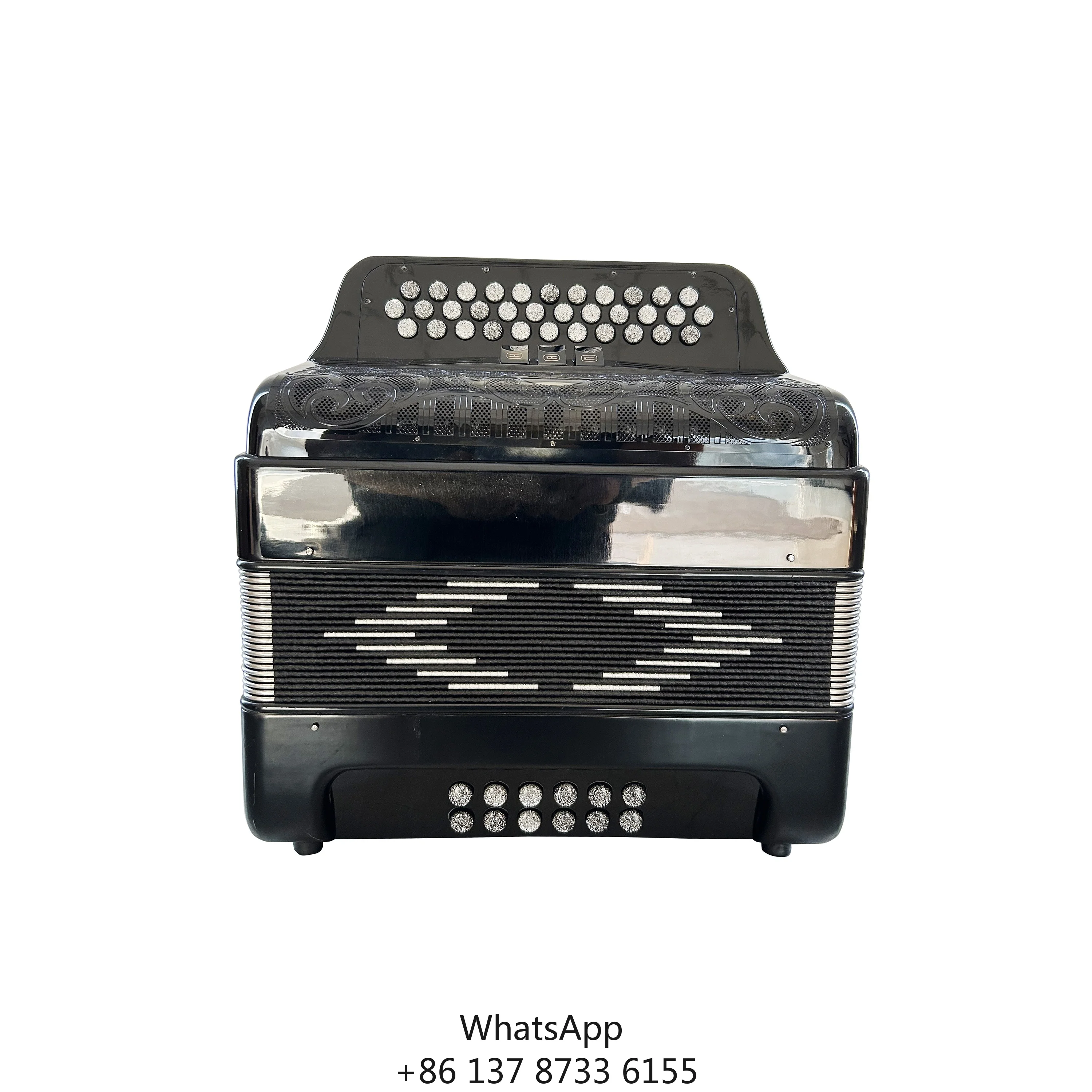 

Professional Diatonic Accordion 34-Button 12-Bass 3-Registers Black Celluloid Body Black Grill Silver Buttons JB3412C