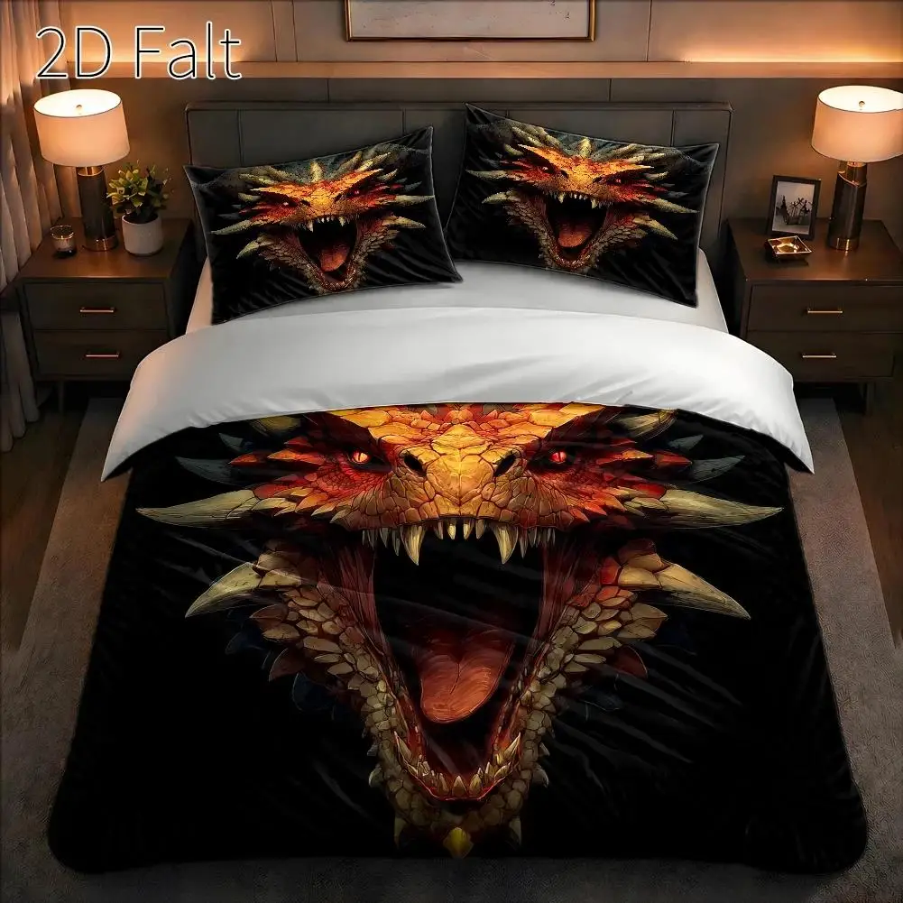 Juego de funda de edredón de 3 piezas, 1 funda de edredón + 2 fundas de almohada (sin relleno), impresión plana 2D, juego de funda de edredón de tres piezas, diseño con temática de dragones y bestias, estilo de fantasía oscura, Halloween, apto para todas las estaciones, lavable a máquina, cremallera invisible, juego de funda de edredón grande, juego de ropa de cama, agradable para la piel y transpirable, suave y cómodo, no se decolora ni se hace bolitas, apto para el hogar/dormitorio.