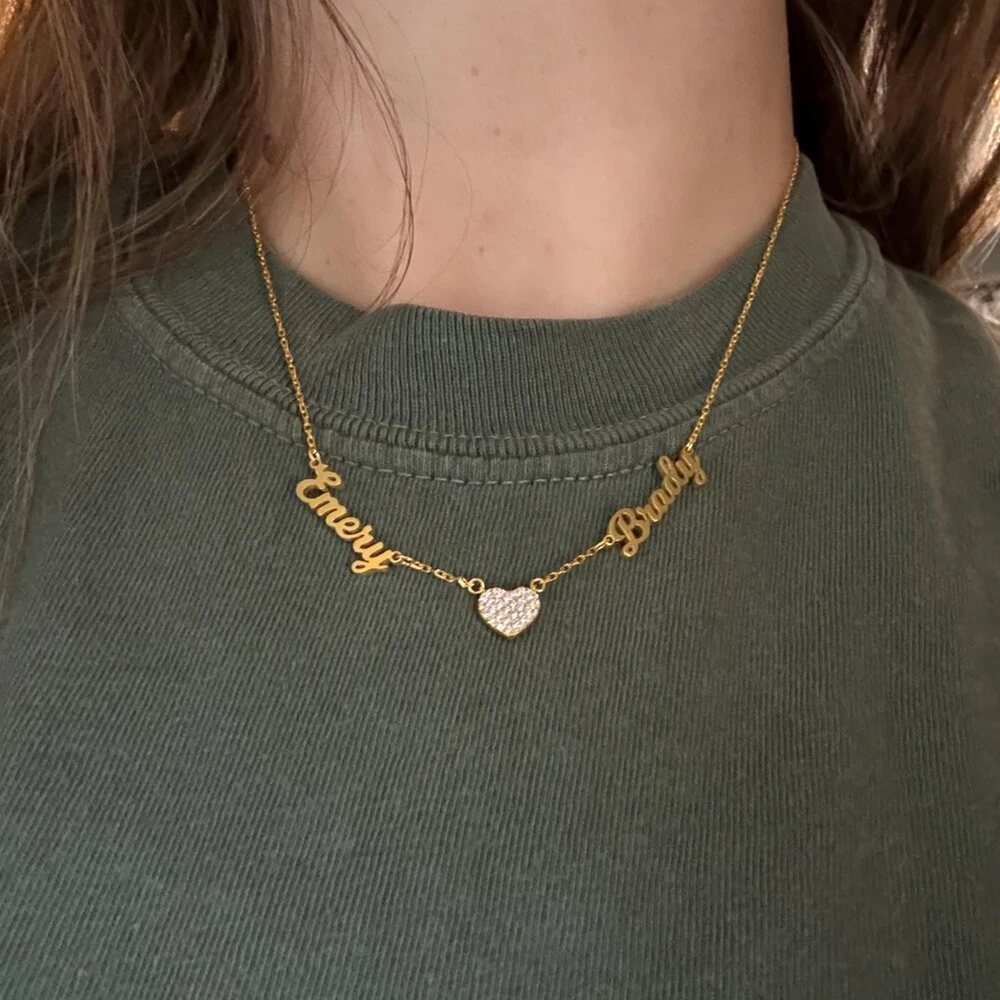 Two Pave Zircon Heart Custom Name Necklaces for Women Wedding Gift Minimalist Jewelry Personalized Multiple Names Charm Choker