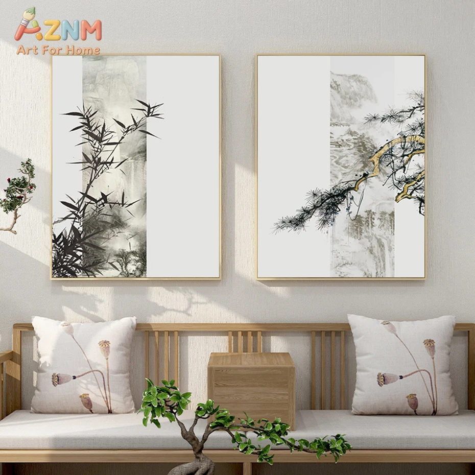 Home Decor Minimal - AZNM Chinese Ink Bamboo Pine Mountain