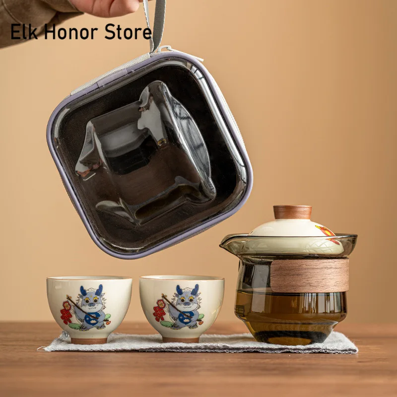 

Honey Glazed Dragon Year Tea Set Kit Boutique Set of Cups 1 Pot 2 Cups Tea Making Portable Camping Outdoor Tote Bag for Tea Gift