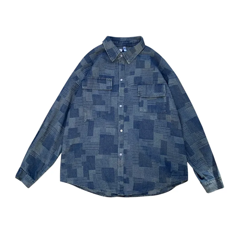 레트로 INS 데님 루즈핏 롱 슬리브 남성용 홍콩 스타일 여름 한국 버전 워크웨어 자켓 코튼 체크 패턴